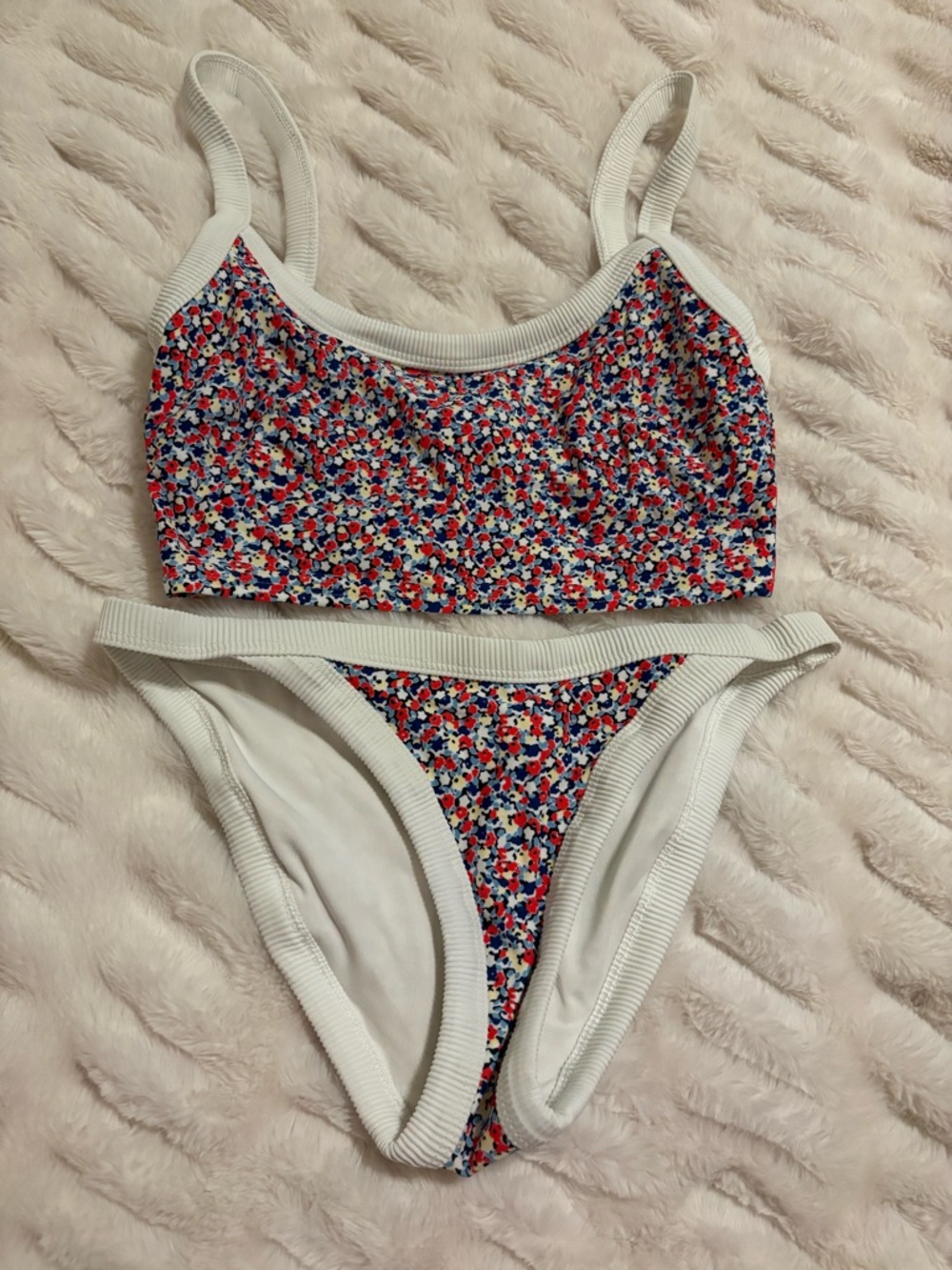 aerie Floral Crop Bikini Set in White, Red, Blue